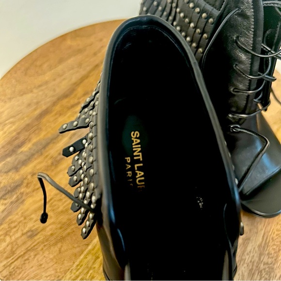 Saint Laurent NWT Black Leather Studded Fringe Open Toe Lace Up Booties Size 35 - Picture 9 of 10